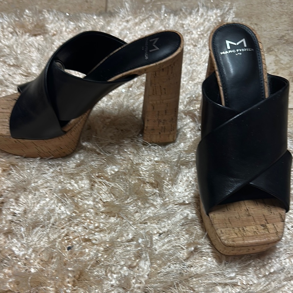 Marc Fisher Black Chunky Heel Mules